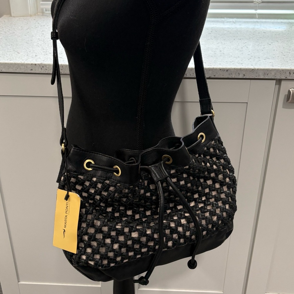 NWT Marta Ponti Black Leather Drawstring Hobo Bucket Bag
